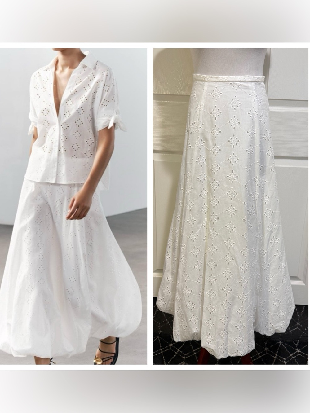 Zara White Eyelet Cutwork Embroidered Bubble Hem Maxi Skirt
